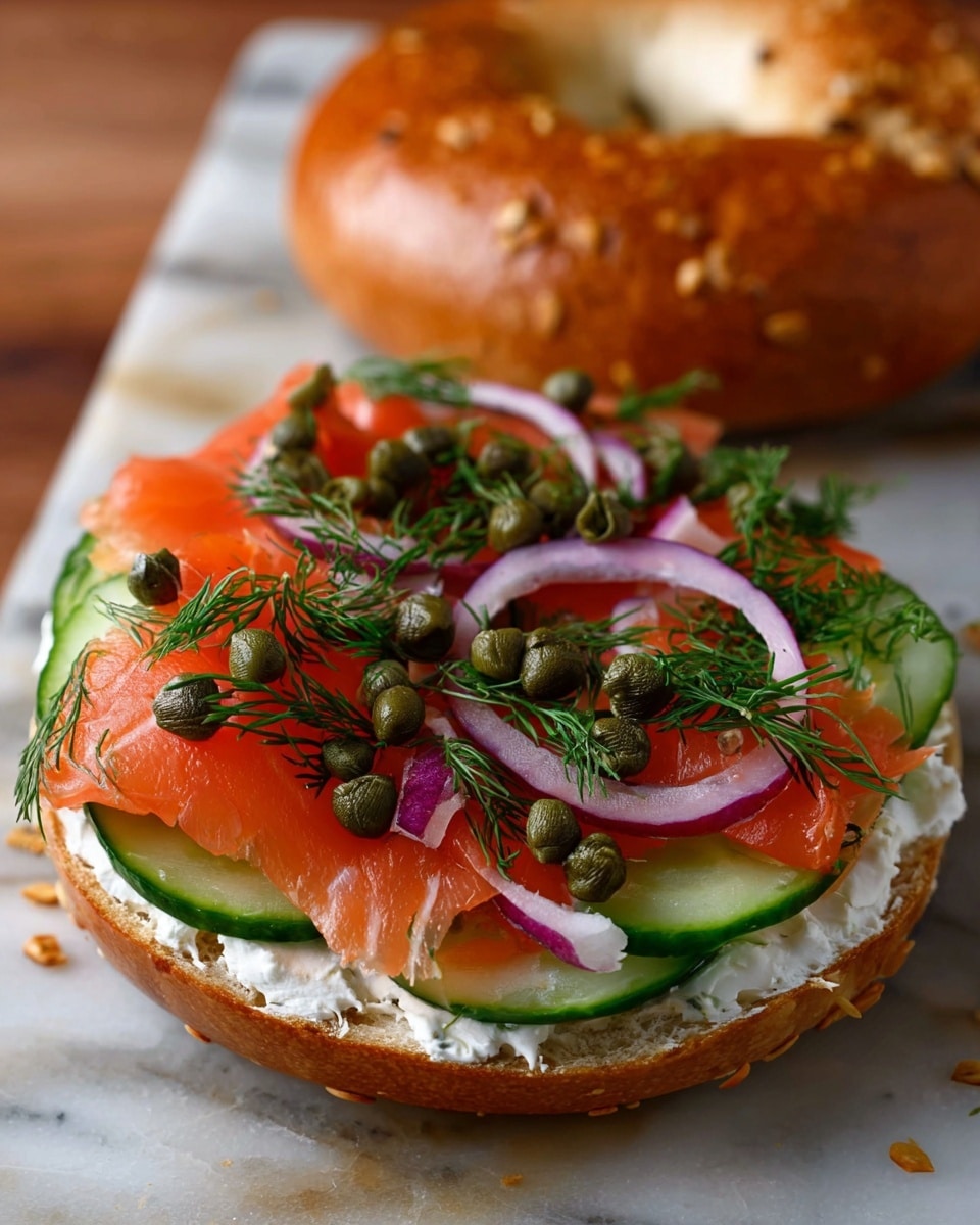 A white round bagel is open with the bottom half layered with white cream cheese spread evenly. On top of the cream cheese are thin green cucumber slices placed evenly around the edge. Bright orange smoked salmon slices cover the cucumber, followed by green dill sprigs scattered on top. Thin, curved slices of purple-red onion and small green capers are spread over the salmon and dill. The shiny golden-brown top half of the bagel rests slightly off to the side on a white marbled surface. Photo taken with an iphone --ar 4:5 --v 7