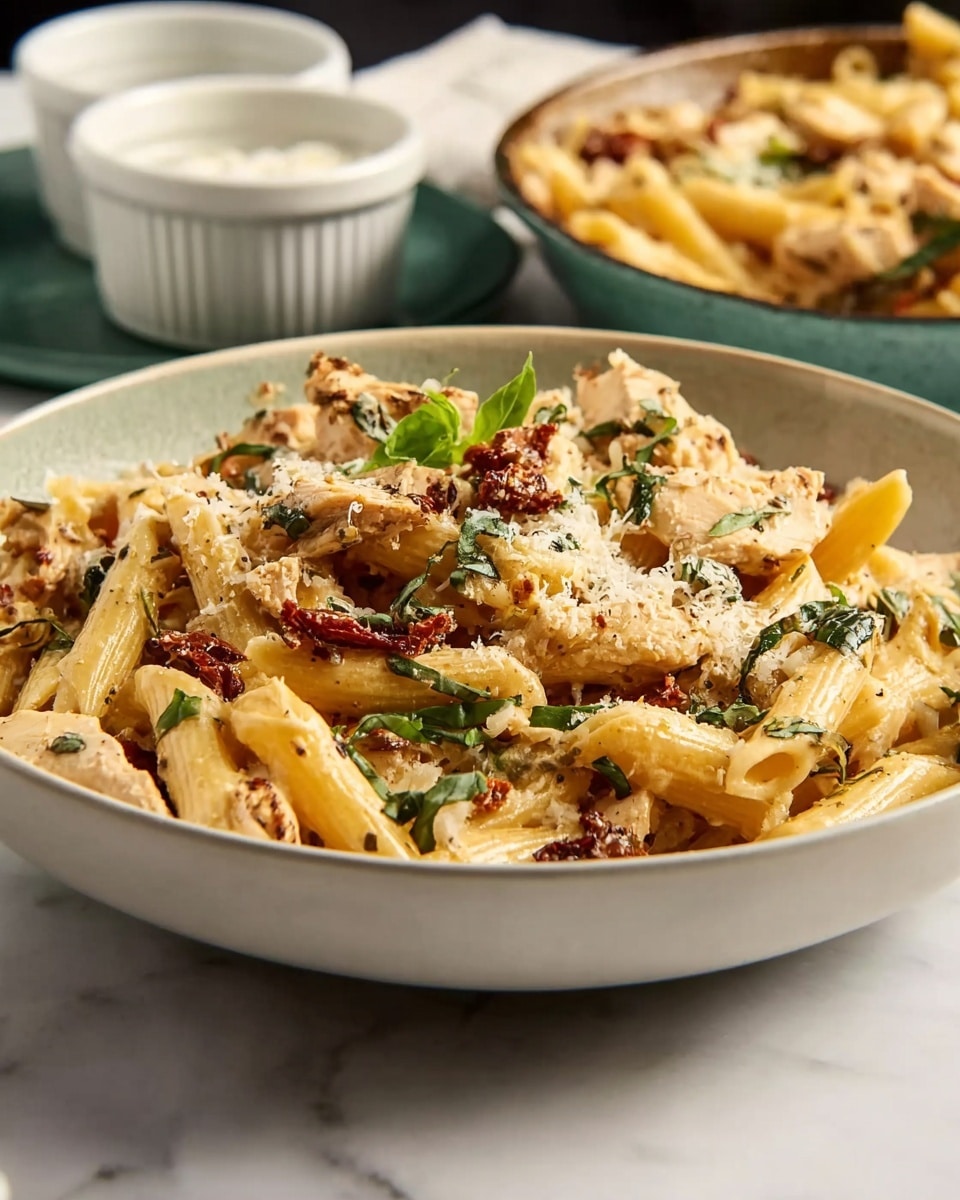 The dish shows a pan filled with creamy penne pasta mixed with pieces of light brown cooked chicken and dark red sun-dried tomatoes. Fresh green basil leaves are scattered on top, adding a touch of bright color. The creamy sauce coats the pasta evenly, giving a smooth texture with specks of herbs. The pan rests on a white marbled surface with a white and green striped cloth partly under it. Around the pan, there is a white bowl filled with grated cheese, a small white bowl with chopped green herbs, a small white dish with red pepper flakes, and a silver spoon on a white scalloped dish. photo taken with an iphone --ar 4:5 --v 7