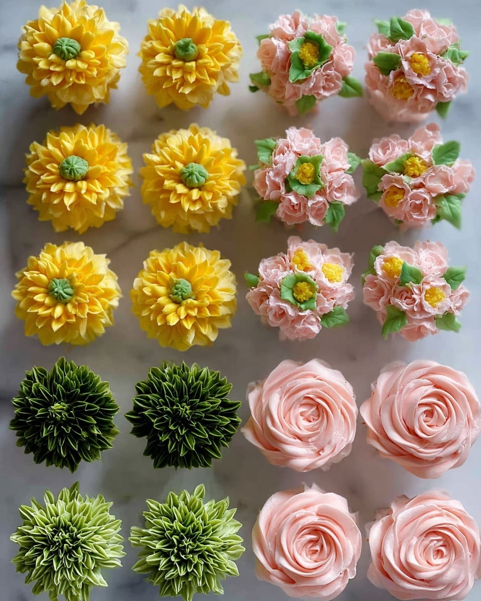 This image shows sixteen flower-shaped desserts arranged in four rows on a white marbled surface. The top row has four bright yellow flowers with layered petals radiating outward and small green centers. The second row contains four clusters of small light pink flowers with green leaves and yellow centers, resembling tiny roses grouped together. The third row shows four deep green flowers with ruffled, sharp-edged petals, with a few lighter green tips. The fourth row features four soft pale pink roses with densely packed, swirling petals that form a smooth, elegant bloom. photo taken with an iphone --ar 4:5 --v 7