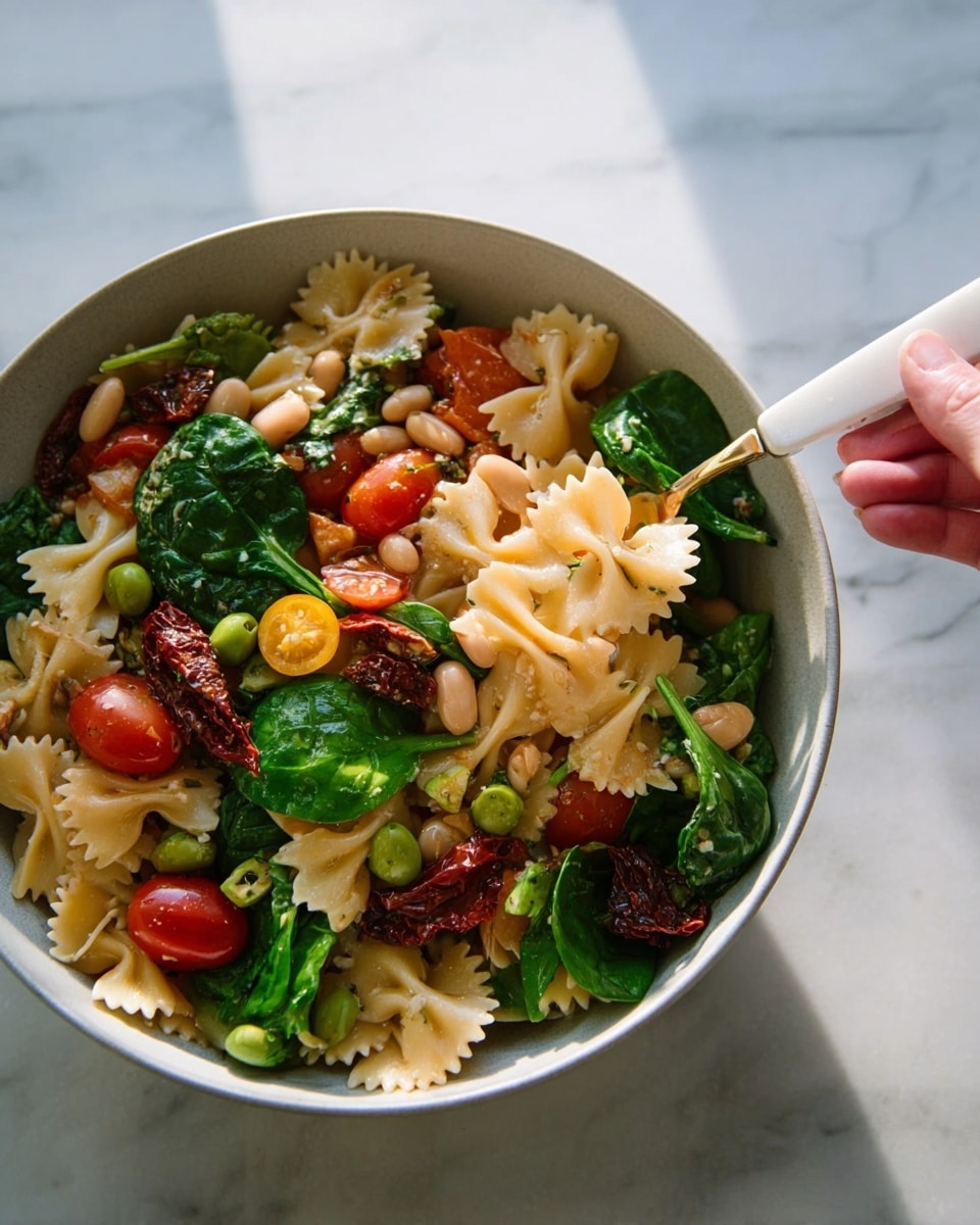 A bowl of farfalle pasta mixed with fresh spinach leaves, halved red and yellow cherry tomatoes, green olives sliced in parts, and large white beans. The pasta is light brown with a slightly glossy texture, scattered evenly in the white bowl. The bright green spinach leaves and olives contrast with the deep red and yellow tomatoes, while dark sun-dried tomatoes add texture and color. A white spoon with metallic dots lies partially inside the bowl, with a few spinach leaves placed on the white marbled surface around the bowl. Photo taken with an iphone --ar 4:5 --v 7