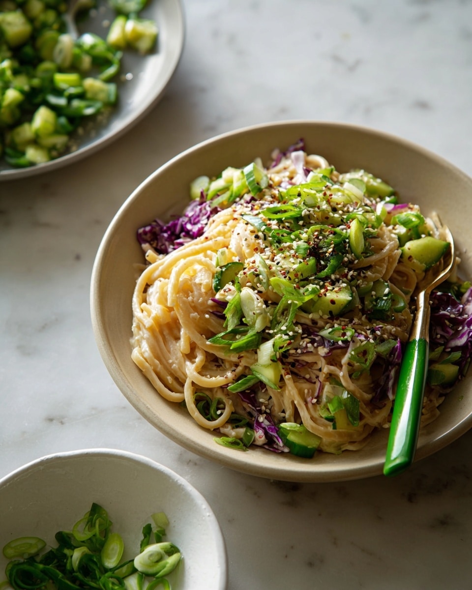A white bowl filled with thick light beige noodles mixed with chopped green cucumber pieces and small bits of purple cabbage, topped with sprinkled white sesame seeds and chopped green onions. A silver fork with a dark green handle rests on the right side of the noodles inside the bowl. Next to the bowl is a smaller white bowl holding extra chopped green onions. Both bowls sit on a white marbled surface. photo taken with an iphone --ar 4:5 --v 7