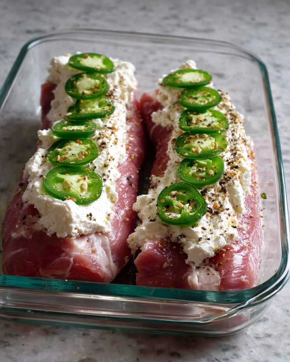 The image shows two long raw pork tenderloins placed side by side in a clear glass baking dish. Each tenderloin has a lengthwise slit filled with a white creamy cheese mixture, spread evenly down the center. On top of the cheese filling, thin slices of green jalapeño peppers are spaced out in a single row. The tenderloins are pinkish with some black pepper sprinkled on their surface. The glass dish sits on a white marbled countertop. Photo taken with an iphone --ar 4:5 --v 7