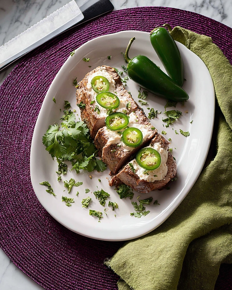 A thick, light brown piece of cooked meat sits on a white plate. On top of the meat is a layer of white creamy sauce with green herbs mixed in, and two grilled green jalapeño slices. Fresh green cilantro leaves are placed on and around the meat. A whole green chili pepper is positioned behind the meat. The plate rests on a white marbled surface, with a green cloth in the background. photo taken with an iphone --ar 4:5 --v 7