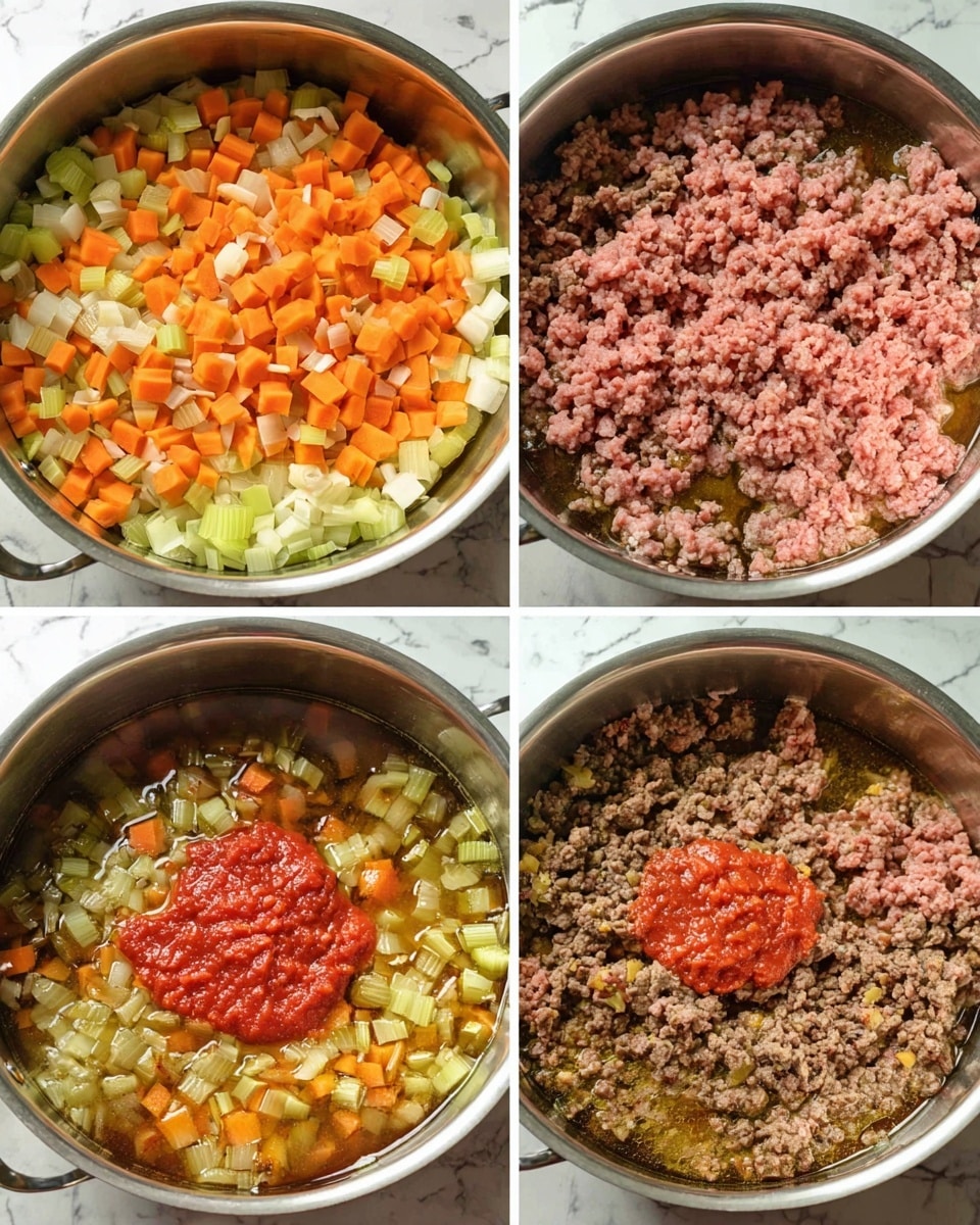 The image shows four close-up views in a metal pot of cooking steps. The first view shows a layer of small diced orange carrots, light green celery, and white onions, cooked and mixed. The second view adds raw, pink ground meat on top of the cooked vegetables, with some vegetables visible on top and underneath the meat. The third view shows the ground meat cooked and broken apart, mixed with the diced vegetables, all sitting in a thin layer of liquid in the pot. The fourth view adds a bright red dollop of tomato paste on top of the browned ground meat, vegetables, and broth, with a white marbled surface underneath the metal pot. photo taken with an iphone --ar 4:5 --v 7
