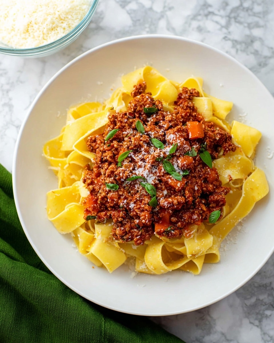 A white plate holds a serving of wide, flat pasta ribbons that are yellow with a soft texture and some shine from sauce. On top, there is a thick layer of chunky brown meat sauce mixed with small pieces of orange carrots. The sauce looks rich and slightly oily. There are green basil leaves scattered on the meat sauce for color. The plate sits on a white marbled surface with a blurred background showing a glass and a small dish of white sauce. Photo taken with an iphone --ar 4:5 --v 7