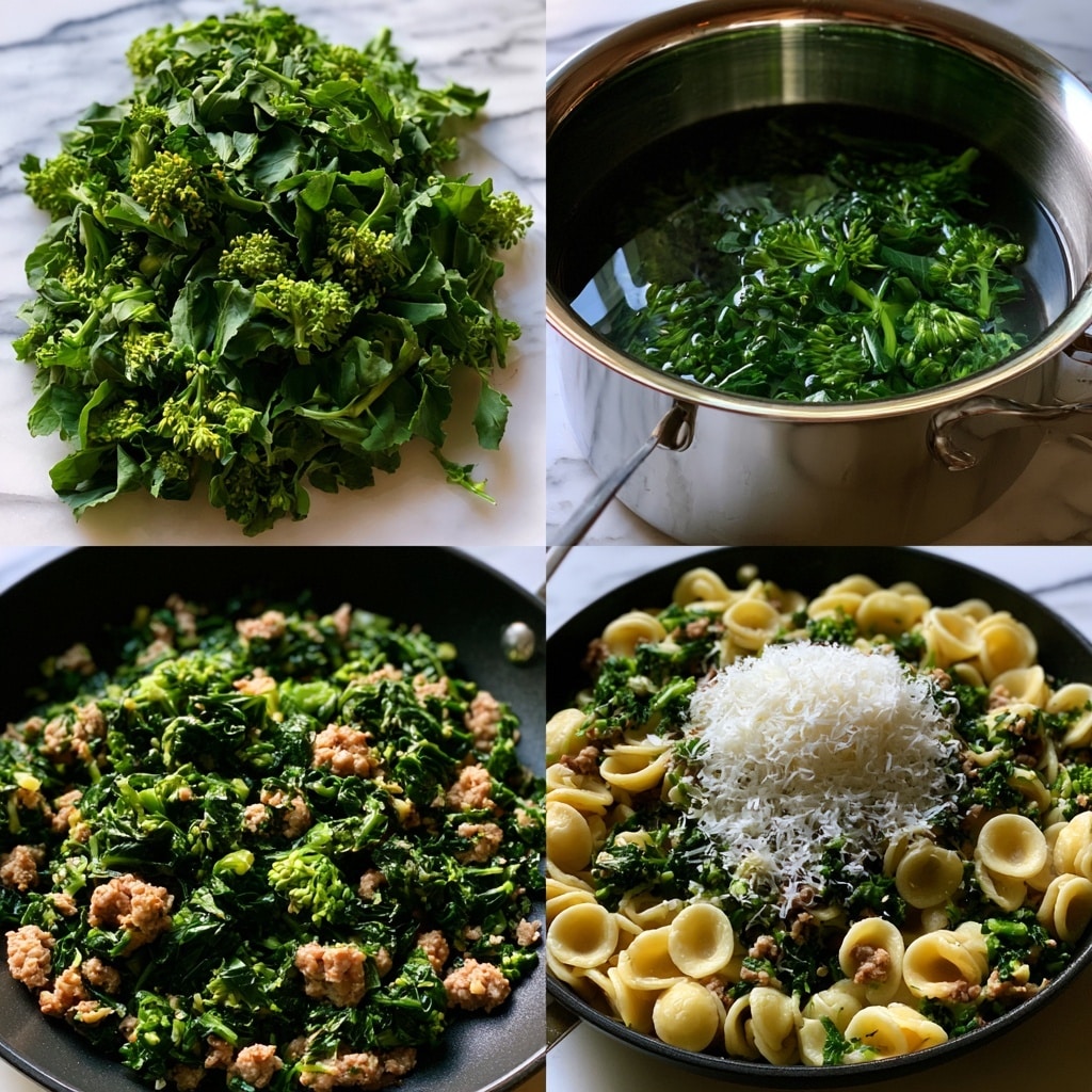 The image shows four steps of a cooking process. In the first frame, there is a pile of fresh, bright green leafy vegetables, including small broccoli-like florets, spread on a white marbled surface. The second frame shows these green vegetables submerged in clear water inside a shiny, silver pot. The third frame displays the cooked vegetables mixed with browned ground meat in a black pan, with a mix of green leafy textures and light brown meat bits. The fourth frame features the same pan now filled with cooked orecchiette pasta, mixed with the meat and vegetable mixture, topped with a heap of grated white cheese ready to be stirred in. photo taken with an iphone --ar 4:5 --v 7