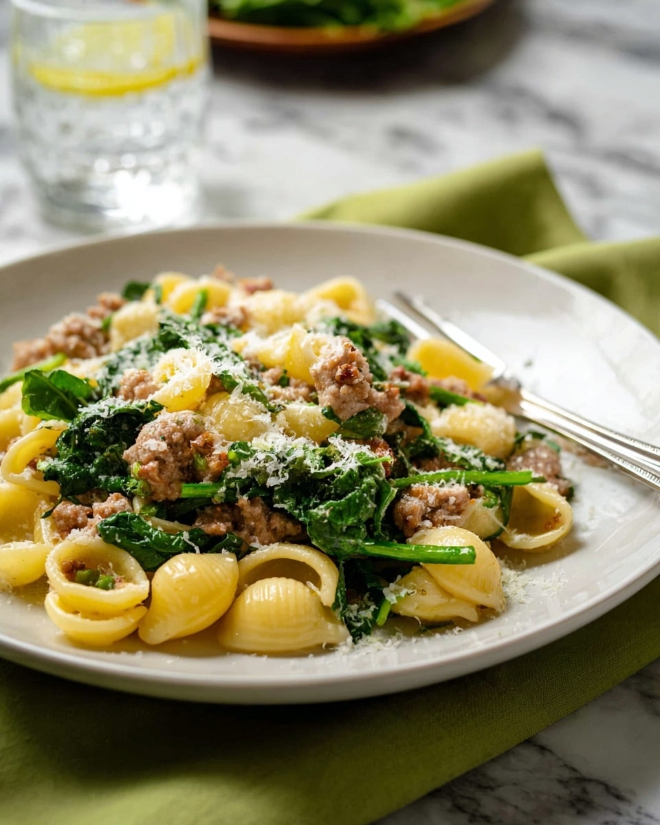 A white plate holds three main layers: at the bottom are small round pasta pieces with a smooth, yellowish surface, mixed evenly with crumbled cooked sausage pieces showing a light brown texture. Green leafy vegetables blend throughout the pasta and meat, adding a fresh, slightly wilted look. On top, there is a light sprinkling of grated white cheese that adds a fine texture and uneven dusting over the dish. The plate sits on a white marbled surface with a glass of clear water slightly blurred in the background, and a small transparent bowl with more grated cheese beside it. photo taken with an iphone --ar 4:5 --v 7