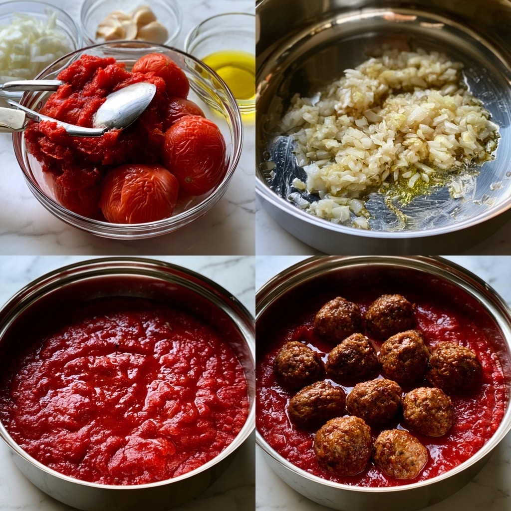 The image shows four steps of cooking a tomato sauce with meatballs inside a stainless steel cooker on a white marbled surface. The first panel has a woman's hand mashing whole peeled tomatoes in a clear glass bowl with a silver masher; around the bowl, there are small clear bowls with chopped onions, sliced garlic, and yellow oil. The second panel shows finely chopped onions and garlic sizzling on the shiny cooker base with a hint of oil. The third panel displays a smooth, rich red tomato sauce filling the cooker evenly. The fourth panel reveals a layer of several cooked brown meatballs gently floating on top of the thick tomato sauce, all inside the cooker. Photo taken with an iphone --ar 4:5 --v 7