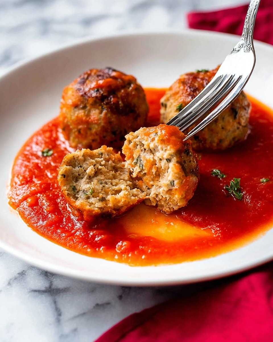 A white round plate holds a pile of seven golden brown meatballs covered with a thick red tomato sauce. The meatballs have a slightly rough texture with visible herbs and small bits of onion cooked into them. They are stacked in the center of the plate, with the sauce dripping slightly onto the clean white marbled surface beneath. A shiny silver spoon rests on the right side of the plate, partially under the meatballs. A bright red cloth is placed to the right side of the plate. photo taken with an iphone --ar 4:5 --v 7