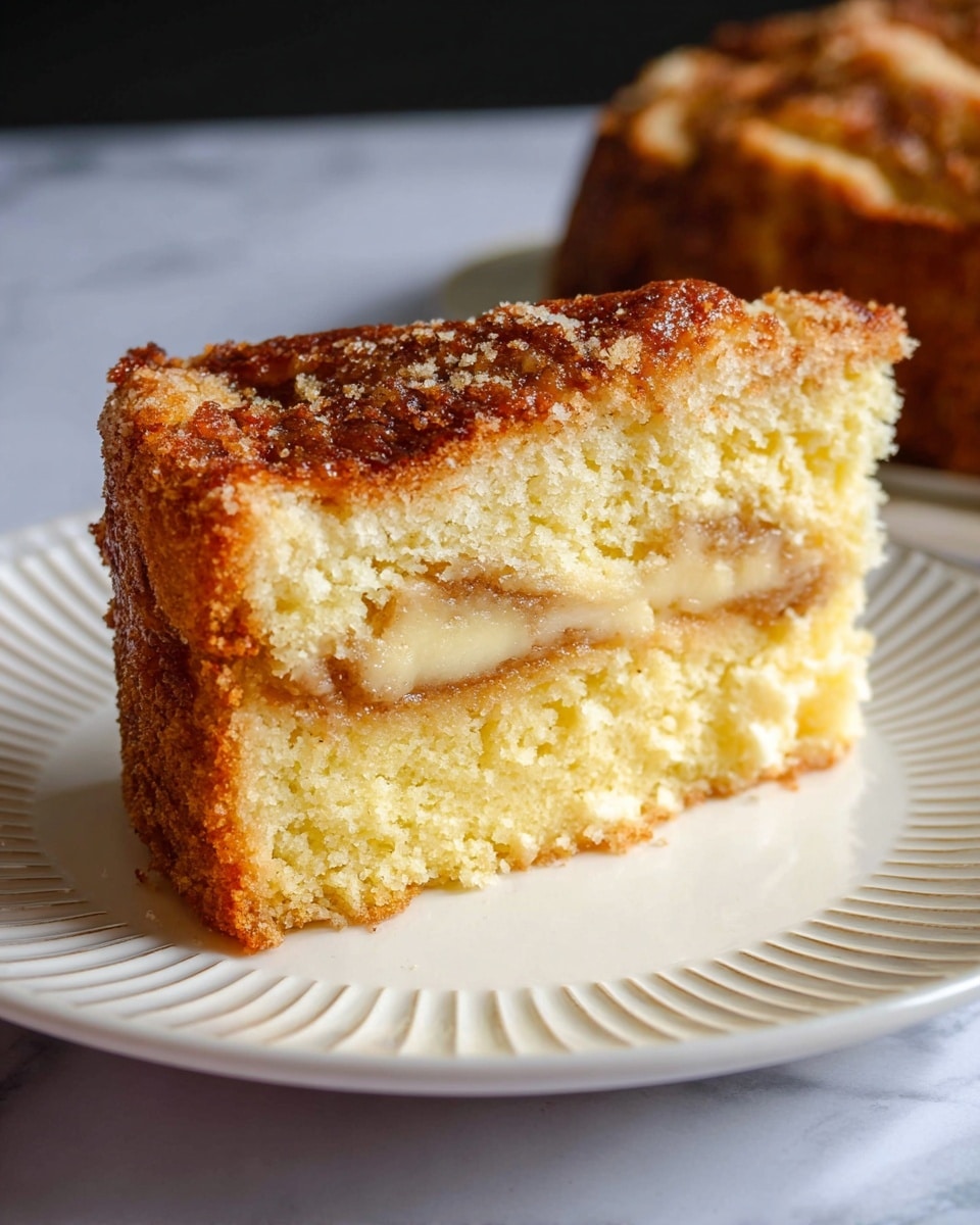 A round apple cake with one thick layer of golden-brown cake topped with a layer of thin apple slices arranged in a slightly overlapping circular pattern, the apple slices have a light brown cinnamon or spice coating. The cake edges are raised and evenly browned. The cake sits on a clear glass cake stand with a decorative edge, and everything is placed on a white marbled surface. Photo taken with an iphone --ar 4:5 --v 7