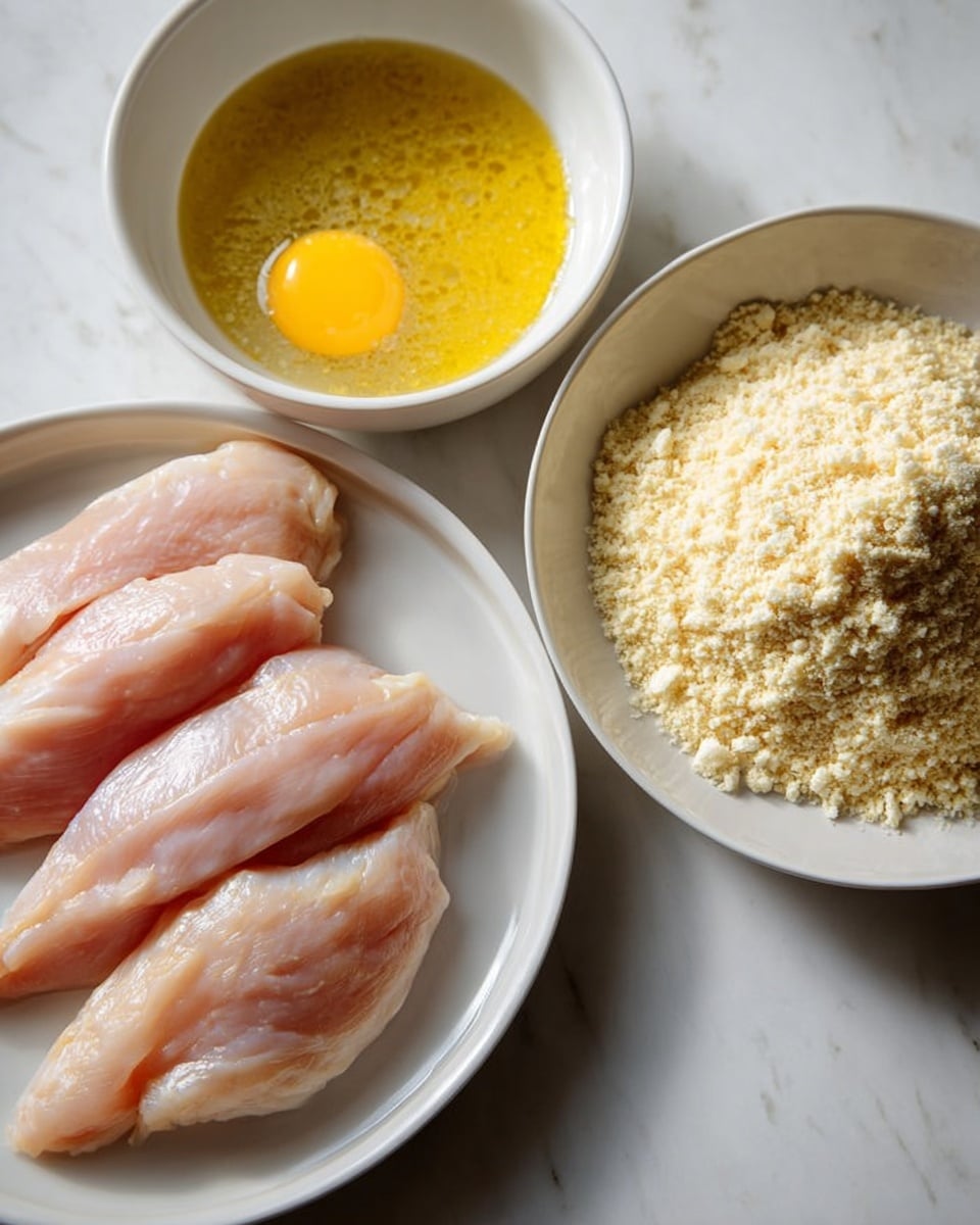 The image shows three white plates on a white marbled surface. The bottom left plate holds six pieces of raw pale pink chicken fillets, neatly stacked with smooth, slightly wet texture. The top middle bowl contains beaten eggs with a bright yellow, slightly frothy surface. The right plate is filled with a light beige, crumbly breading mixture, spread evenly across the plate’s surface. Photo taken with an iphone --ar 4:5 --v 7
