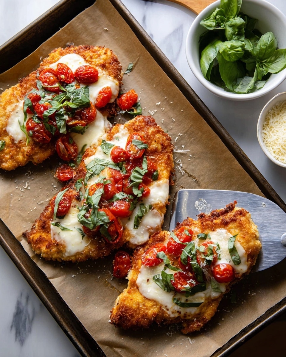 The image shows three pieces of golden-brown fried chicken topped with melted white mozzarella cheese, bright red cherry tomato pieces, and fresh green basil leaves, placed on a baking sheet lined with brown parchment paper. One piece is being lifted with a metal spatula, showing the crispy texture of the chicken underneath. Next to the baking sheet, there is a small white bowl with fresh green basil leaves and another white bowl containing grated cheese with a wooden spoon. The background is a white marbled surface. Photo taken with an iphone --ar 4:5 --v 7