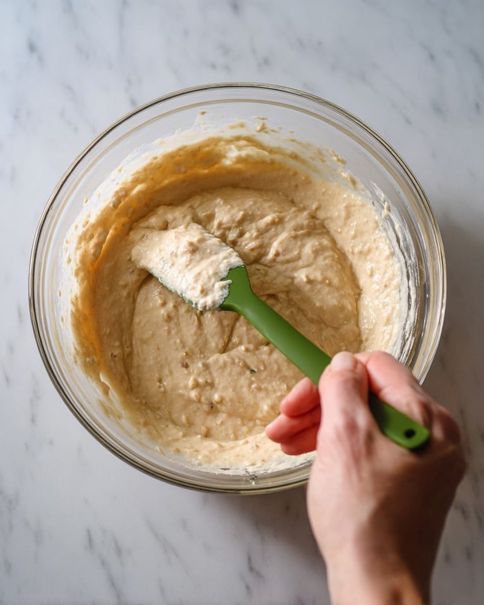 A clear glass bowl filled with thick, light beige batter that has small lumps and a smooth texture. A woman's hand holds a green spatula scooping some of the batter from the center of the bowl. The background is a white marbled surface, adding a clean and bright look to the scene. photo taken with an iphone --ar 4:5 --v 7