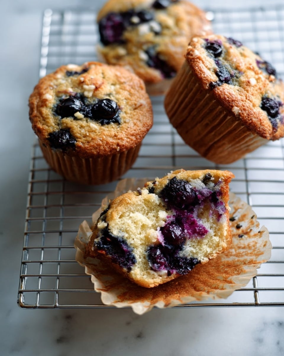 Four golden brown muffins with visible dark purple berries baked into the tops sit spaced apart on a silver wire rack. The muffins have a slightly rough texture with some cracks and the berries look soft and juicy, slightly melting into the batter. The wire rack rests on a white marbled surface with soft natural light enhancing the warm tones of the muffins. Photo taken with an iphone --ar 4:5 --v 7