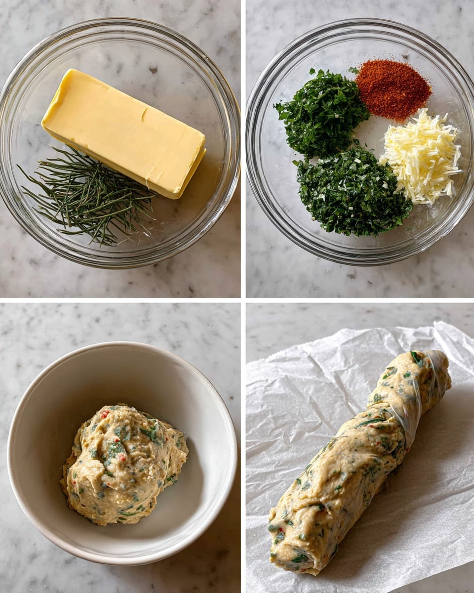 A clear white bowl on a white marbled surface holds four separate ingredients: a large stick of pale yellow butter, a pile of chopped green herbs, a pile of finely chopped light yellow pieces, and a mound of red powder. In the next image, the bowl contains a creamy light brown mixture with green herb pieces and red specks mixed evenly through it. The third image shows a longer, thick blob of the same mixed creamy paste resting on white parchment paper on a white marbled surface. The final image displays the paste wrapped tightly inside white parchment paper, twisted at both ends, resting on a white marbled countertop. photo taken with an iphone --ar 4:5 --v 7