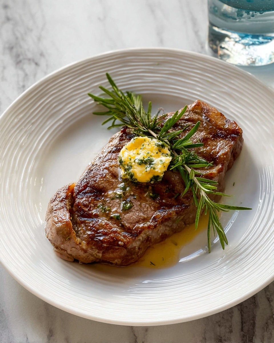 A single piece of cooked steak lies flat on a white plate with a ridged edge. The steak shows a mix of light brown to darker brown colors with a glossy texture of juices on top. In the center near the top, there is a small round dollop of yellow herb butter with green flecks, slowly melting into the meat. Resting diagonally on top of the steak is a fresh sprig of rosemary with bright green needles. The plate sits on a white marbled surface. photo taken with an iphone --ar 4:5 --v 7