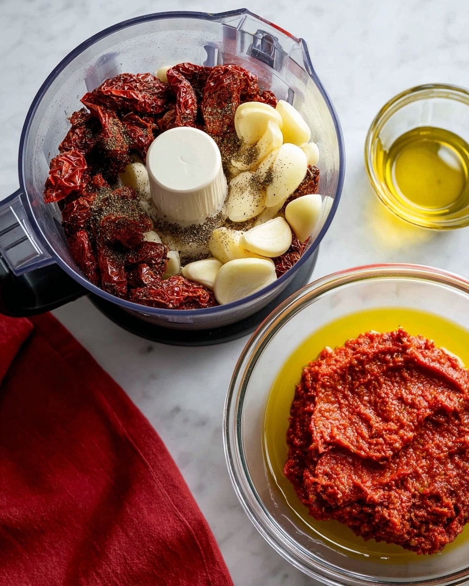 The image shows a clear food processor bowl with two layers of ingredients inside it. The bottom layer consists of dark red, dried sun-dried tomatoes, and on top of them are several peeled garlic cloves arranged near the edge of the bowl, along with some black pepper sprinkled over the tomatoes. To the right of the bowl is a clear glass cup filled with bright yellow olive oil. Below it is another food processor bowl containing a thick, coarse red paste made from blending the sun-dried tomatoes and garlic together with a layer of oil pooling on the surface. The bowls sit on a white marbled surface with a folded red cloth visible in the lower left corner of the lower image. photo taken with an iphone --ar 4:5 --v 7