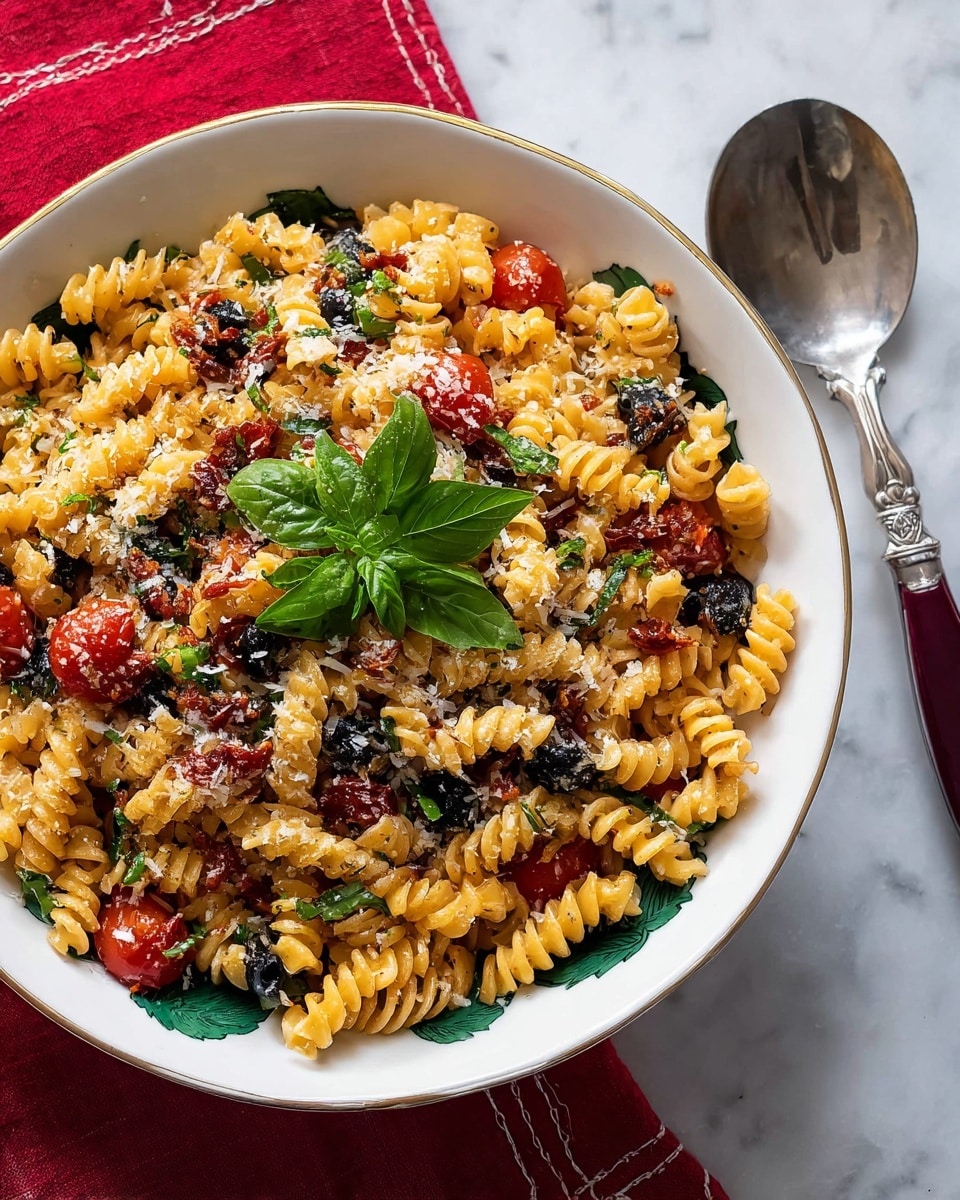 A white bowl with green leaf decoration holds a pasta salad made of golden spiral pasta, scattered with black olive slices, bright red cherry tomato halves, and finely chopped dark red bits resembling sun-dried tomatoes, all mixed evenly. The salad is topped with grated white cheese and a small bunch of fresh green basil leaves placed at the center. The bowl sits on a white marbled surface next to a silver serving spoon with a dark red handle and a piece of red cloth with white stitching is partially visible in the top left corner. Photo taken with an iphone --ar 4:5 --v 7