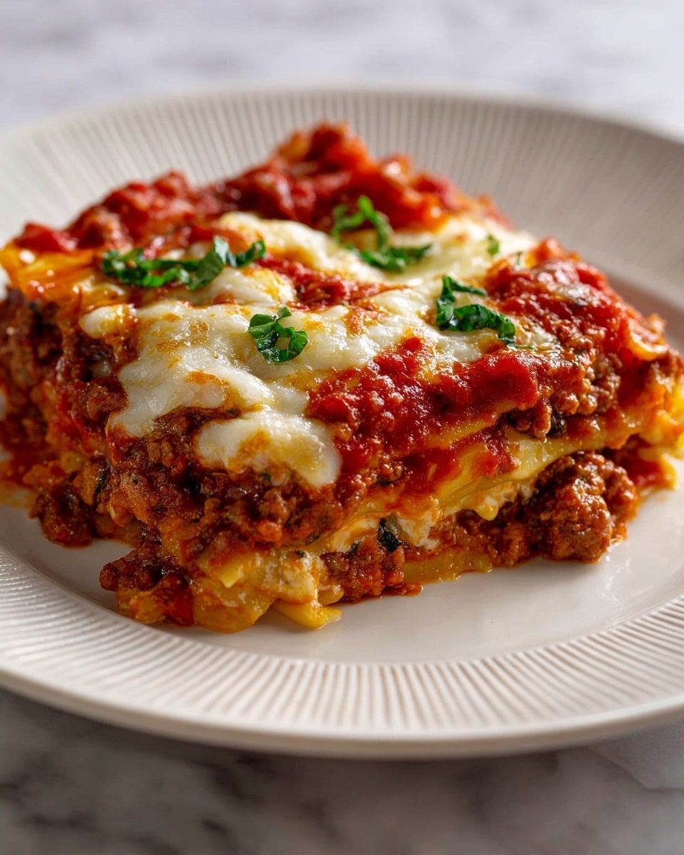 A baked lasagna in a white rectangular dish with two handles, showing a golden-brown melted cheese top mixed with a rich red-brown meat sauce layer visible underneath; the edges of the dish have brown baked cheese marks, and fresh green basil leaves are sprinkled on top as garnish, all placed on a white marbled surface with a red cloth nearby. photo taken with an iphone --ar 4:5 --v 7