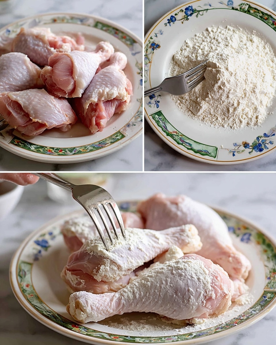 The image shows three steps of preparing raw chicken drumsticks. In the first step, six raw chicken drumsticks with a pink flesh tone are placed on a white plate with a floral green and gold rim, alongside a fork touching one piece, all on a white marbled surface. The second step shows one chicken drumstick heavily coated in white flour on a white plate decorated with blue flower patterns, with the fork holding it, still on a white marbled surface. The third step shows several chicken drumsticks now all fully covered with a thick layer of white flour, placed on the same white plate with the green and gold floral design, and the entire scene set on a white marbled surface. Photo taken with an iphone --ar 4:5 --v 7