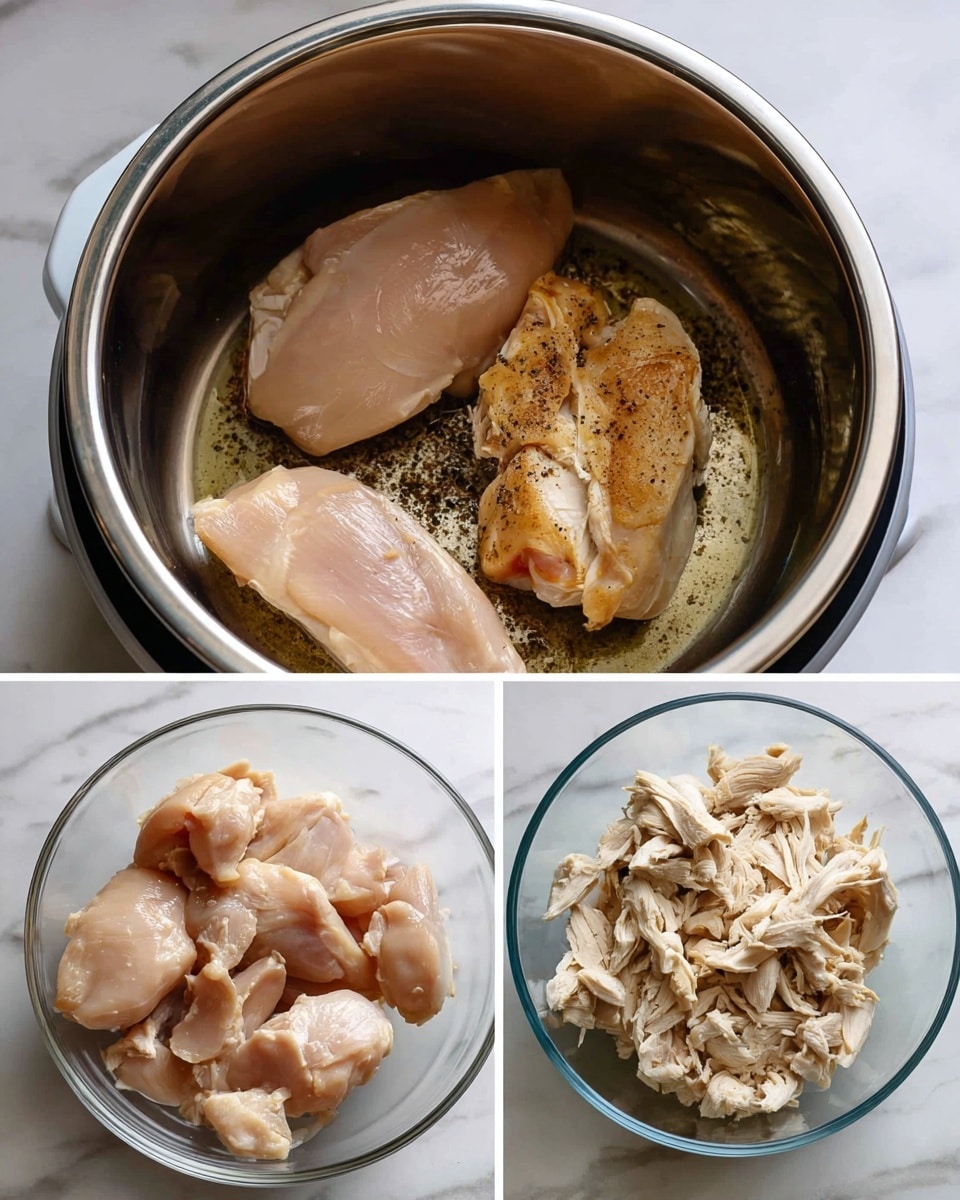 The image shows three parts of cooking chicken inside a stainless steel pot and in a clear white bowl. The first part has four raw pale pink chicken pieces with some black pepper on them at the bottom of the pot, sitting on a white marbled surface. The second part shows the same chicken pieces browned on one side, cooking in some juices inside the pot. The third part shows shredded cooked chicken, white to light tan in color, placed in a clear white bowl on a white marbled surface. Photo taken with an iphone --ar 4:5 --v 7