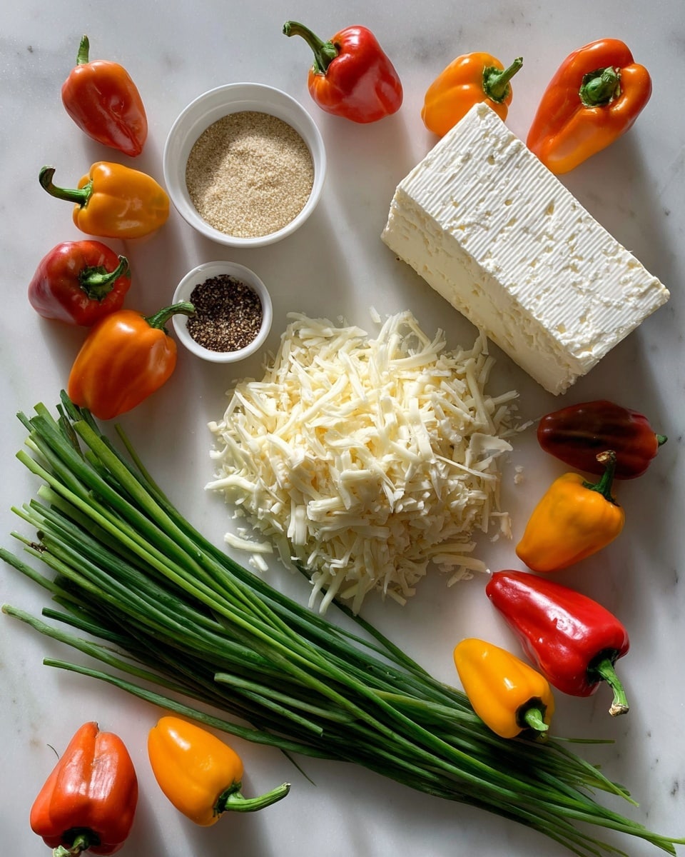A white marbled surface holds a block of white cheese with a soft texture on the top right, a small pile of shredded white cheese in the center, and a bunch of long, thin green chives neatly placed on the bottom right. Around these main ingredients are small colorful peppers in shades of red, orange, yellow, and a mix of green-yellow, scattered across the surface. Near the top left, a small white bowl contains three types of seasonings: a pale tan powder, a black ground spice, and a light beige granular substance, all separated within the bowl. The arrangement is simple and clean, with fresh textures and bright colors. Photo taken with an iphone --ar 4:5 --v 7