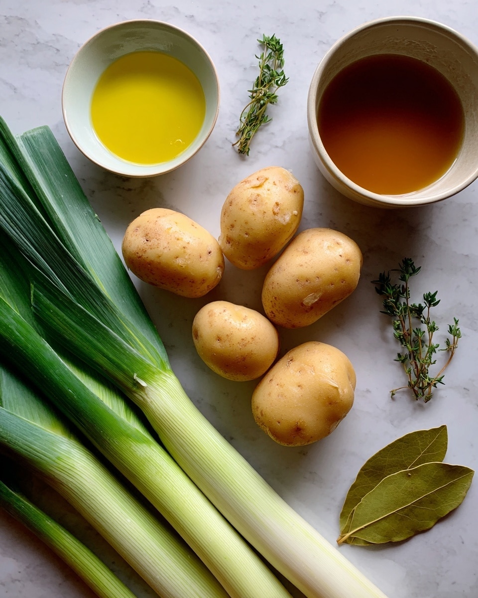 The image shows five light brown potatoes placed in the center on a white marbled surface, surrounded by four long green and white leeks spread around them. Below the potatoes, there is a small white bowl filled with yellow oil on the left side and a larger white bowl filled with brown liquid on the right side. Between the two bowls, there are small green thyme sprigs, and to the right of the larger bowl is a single bay leaf. The arrangement is clean and simple, with all ingredients clearly visible. photo taken with an iphone --ar 4:5 --v 7