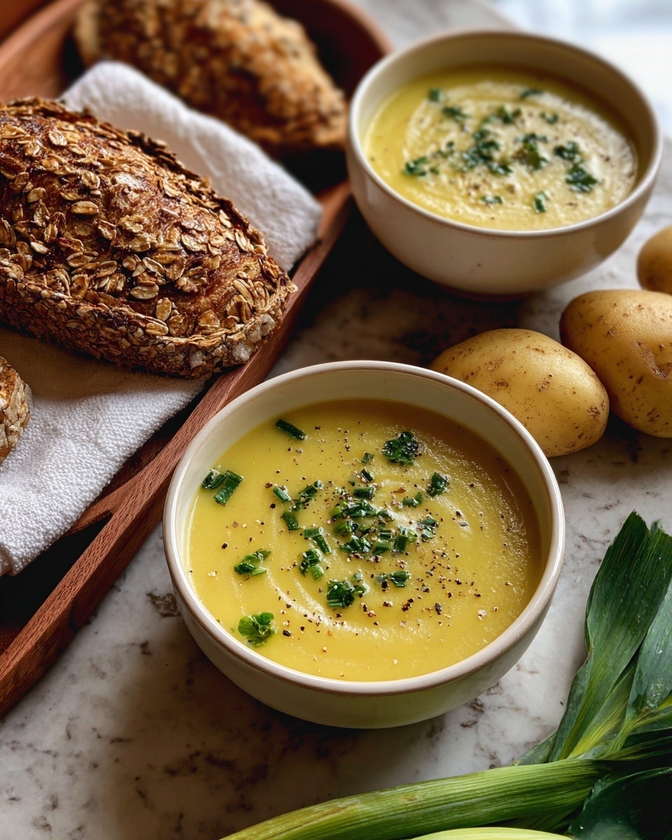 The image shows two white bowls filled with smooth, creamy yellow soup sprinkled evenly with small green herb leaves and black pepper on top. The bowls are placed on a wooden surface alongside two whole yellow potatoes sitting on the right side. At the top left, there are two thick slices of crusty brown bread with an airy texture, resting on a white cloth inside a carved wooden tray. A green stalk, possibly a leek, is partially visible on the left edge. The whole scene is set on a white marbled surface. photo taken with an iphone --ar 4:5 --v 7