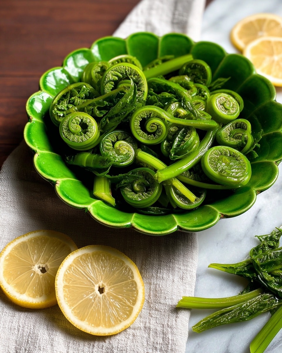 A bright green bowl with a scalloped edge filled with many curled, fresh fiddlehead ferns that have a spiral shape and a smooth green texture. The ferns are nested inside the bowl, with a few placed outside on a white cloth and a white marbled surface. Two lemon slices with a translucent yellow color also lie on the white marbled surface, adding a fresh and light contrast to the green ferns. The image has natural lighting and a clear focus. photo taken with an iphone --ar 4:5 --v 7