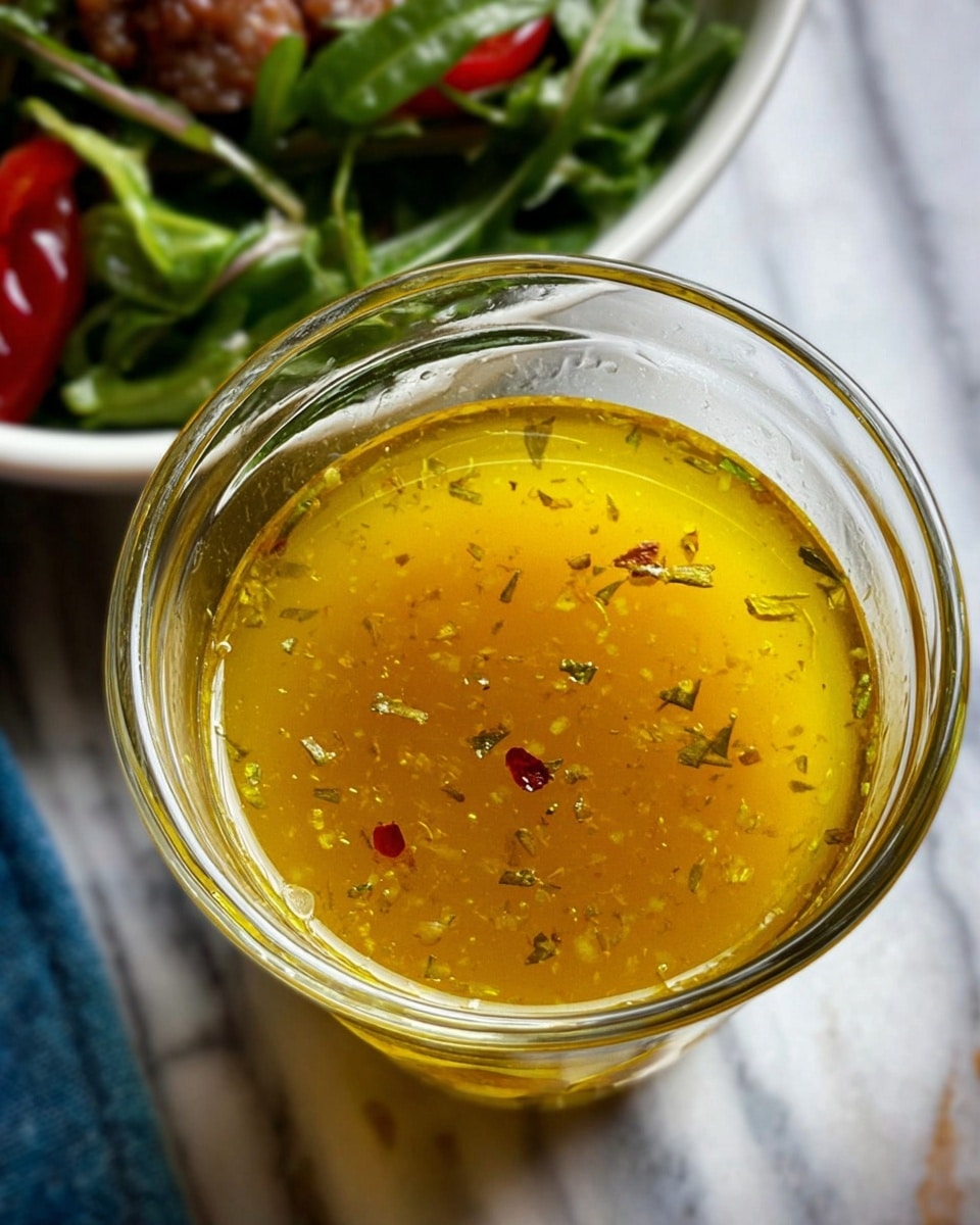 A close-up top view of a small clear glass filled with bright yellow, oily liquid sauce with tiny bits of herbs and spices floating inside. The glass is placed on a white marbled surface. In the upper left corner, a part of a white bowl with green leafy vegetables and red pieces is slightly visible. The image has soft natural lighting, showing the sauce’s shine and texture clearly. Photo taken with an iphone --ar 4:5 --v 7