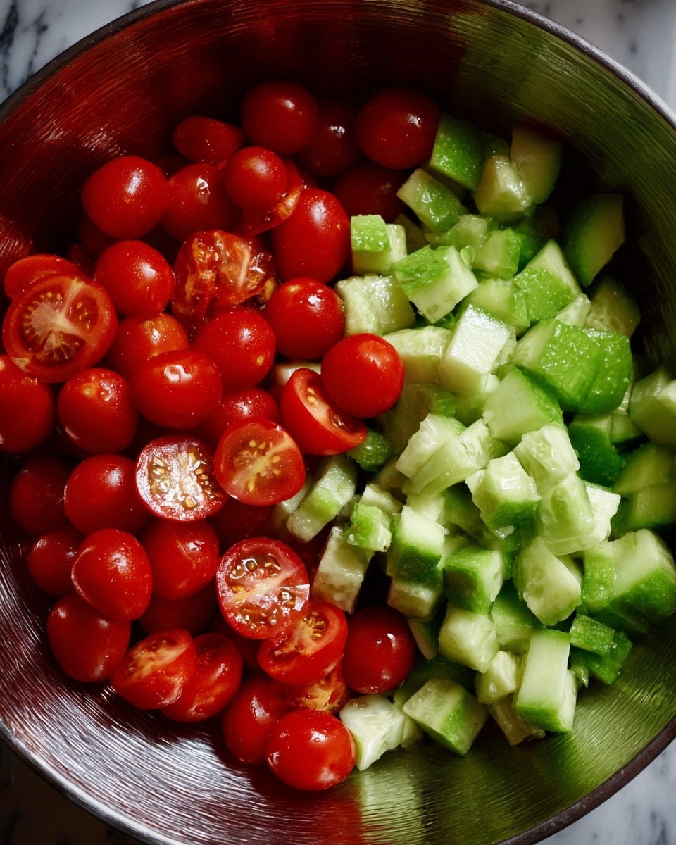A large bowl with two main layers inside: the left half is filled with bright red cherry tomatoes, some whole and some sliced to show their juicy inner texture, and the right half has fresh green cucumber pieces, cut into small chunks showing their light green flesh and darker green skin. The bowl itself shines with a metal texture, and the background is a white marbled surface. photo taken with an iphone --ar 4:5 --v 7