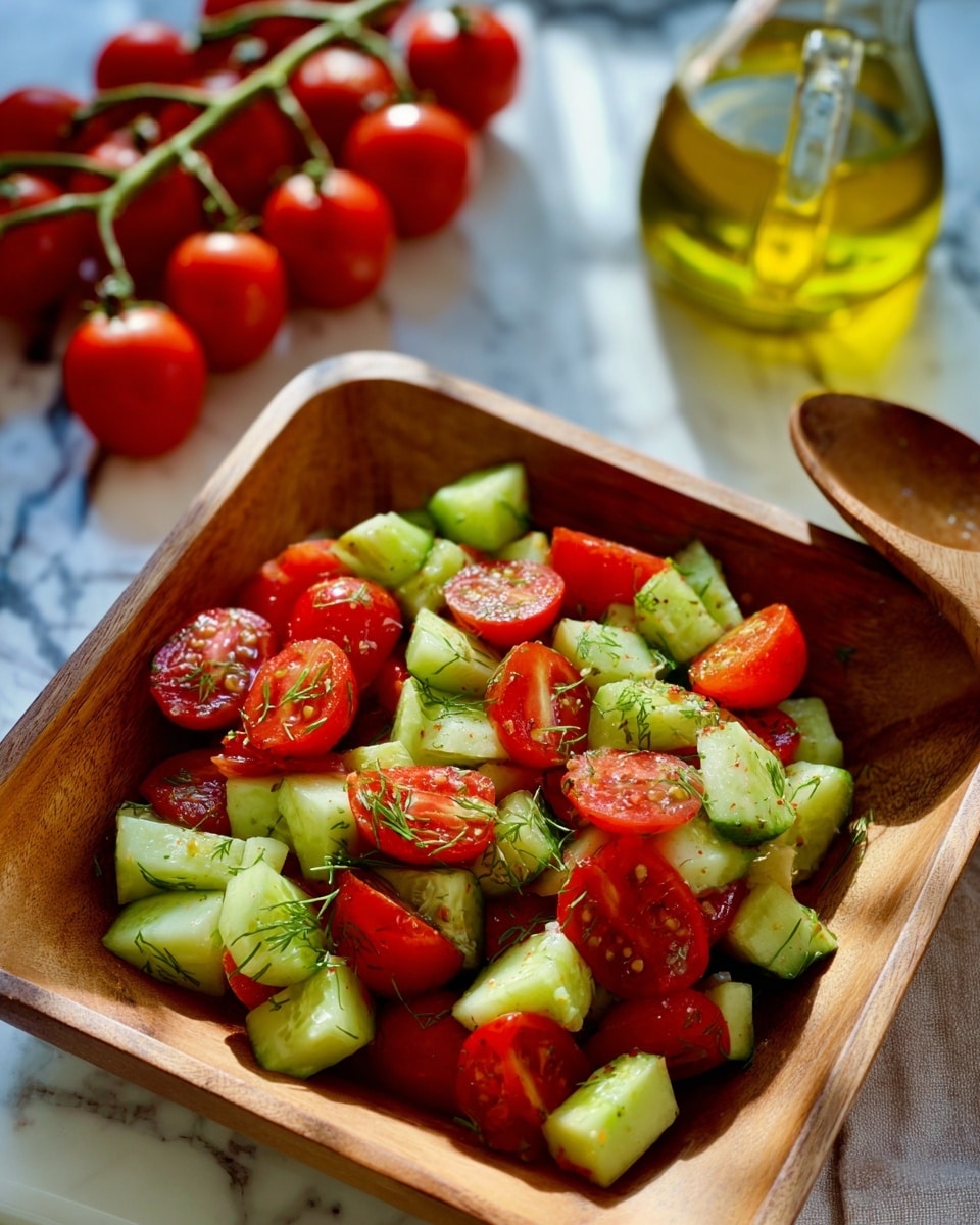The image shows a close-up of a fresh salad made of two layers of chopped vegetables. The first layer includes bright green cucumber pieces with rough edges and a smooth, slightly wet texture. The second layer contains bright red cherry tomato halves showing their juicy interiors and seeds. Small green dill flakes are scattered across the salad, adding a touch of texture and color contrast. The vegetables are tightly packed together over a white marbled surface, enhancing the vivid colors of the salad. photo taken with an iphone --ar 4:5 --v 7