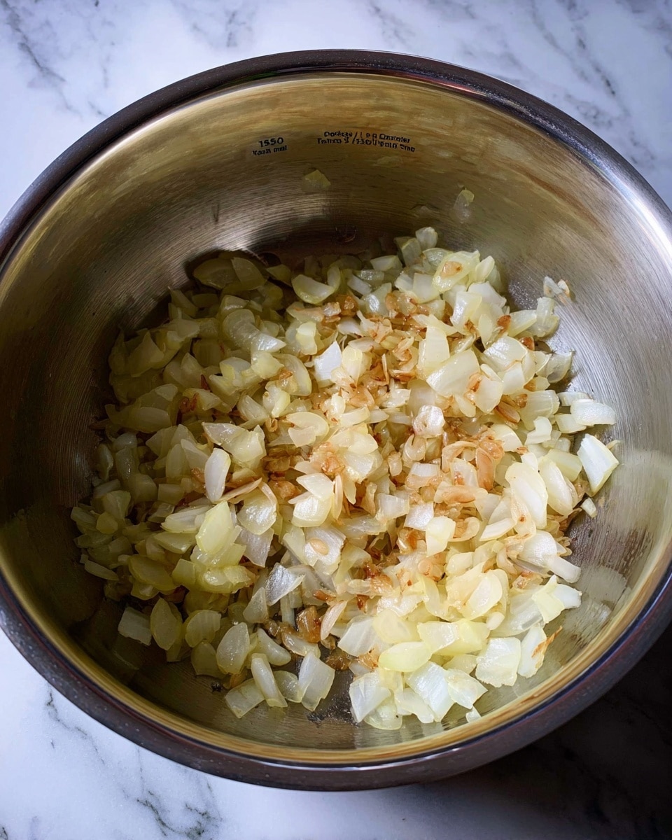 Inside a stainless steel pot, there are small pieces of cooked onions. The onions are light yellow with some parts showing a light brown color from cooking. They are spread mostly on the bottom of the pot with a few pieces stuck slightly up the sides. The pot's inside wall is shiny with measurement markings visible. The background is a white marbled surface. photo taken with an iphone --ar 4:5 --v 7