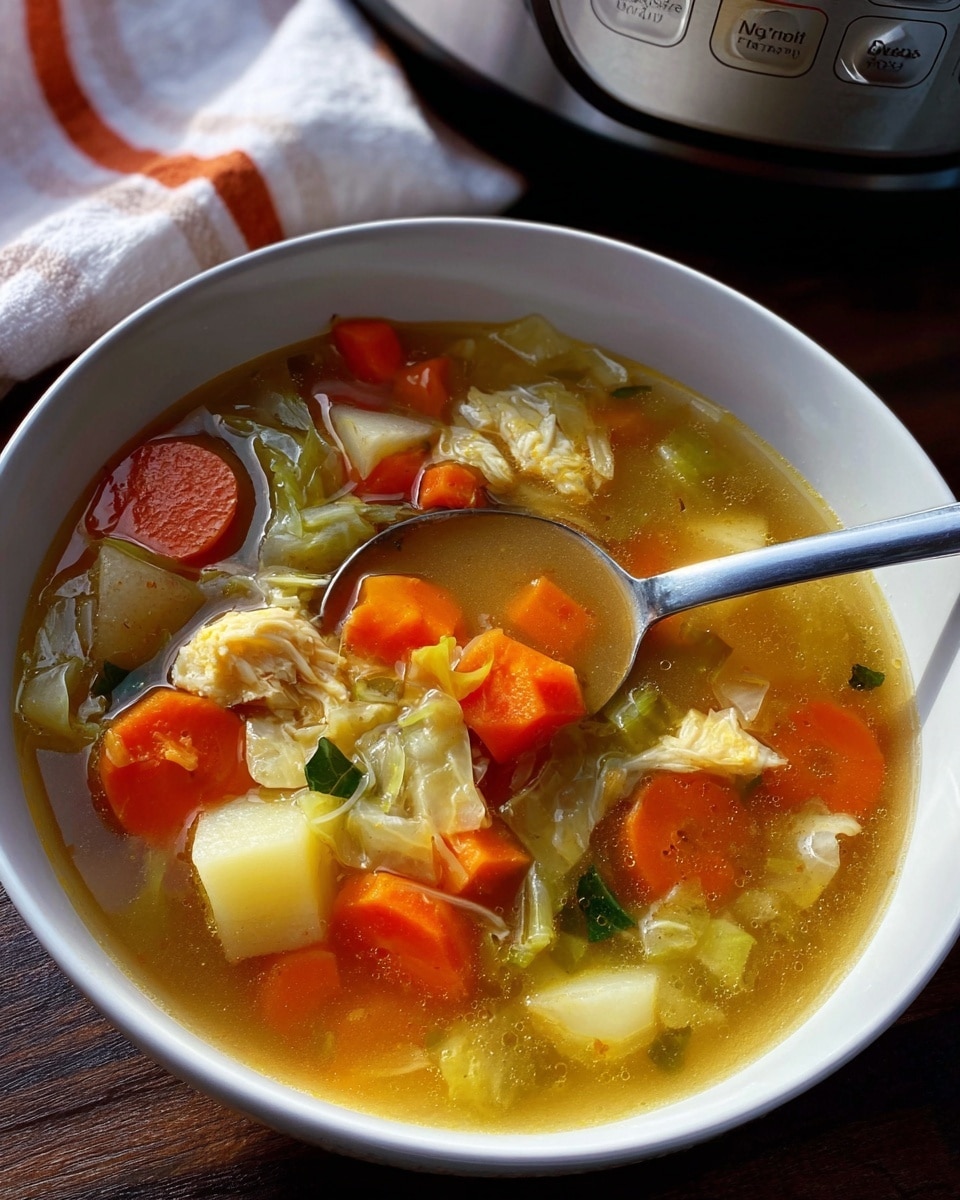 A white bowl filled with clear broth soup containing several layers of ingredients. The top layer shows bright orange carrot slices, pale yellow potato cubes, greenish celery pieces, and off-white cabbage leaves floating evenly in the broth. The broth is light brown and translucent, allowing the ingredients to be seen clearly. A silver spoon is placed on the right side inside the bowl, resting slightly on the edge. The bowl sits on a white marbled surface with a red and white striped cloth visible on the right side. Photo taken with an iphone --ar 4:5 --v 7