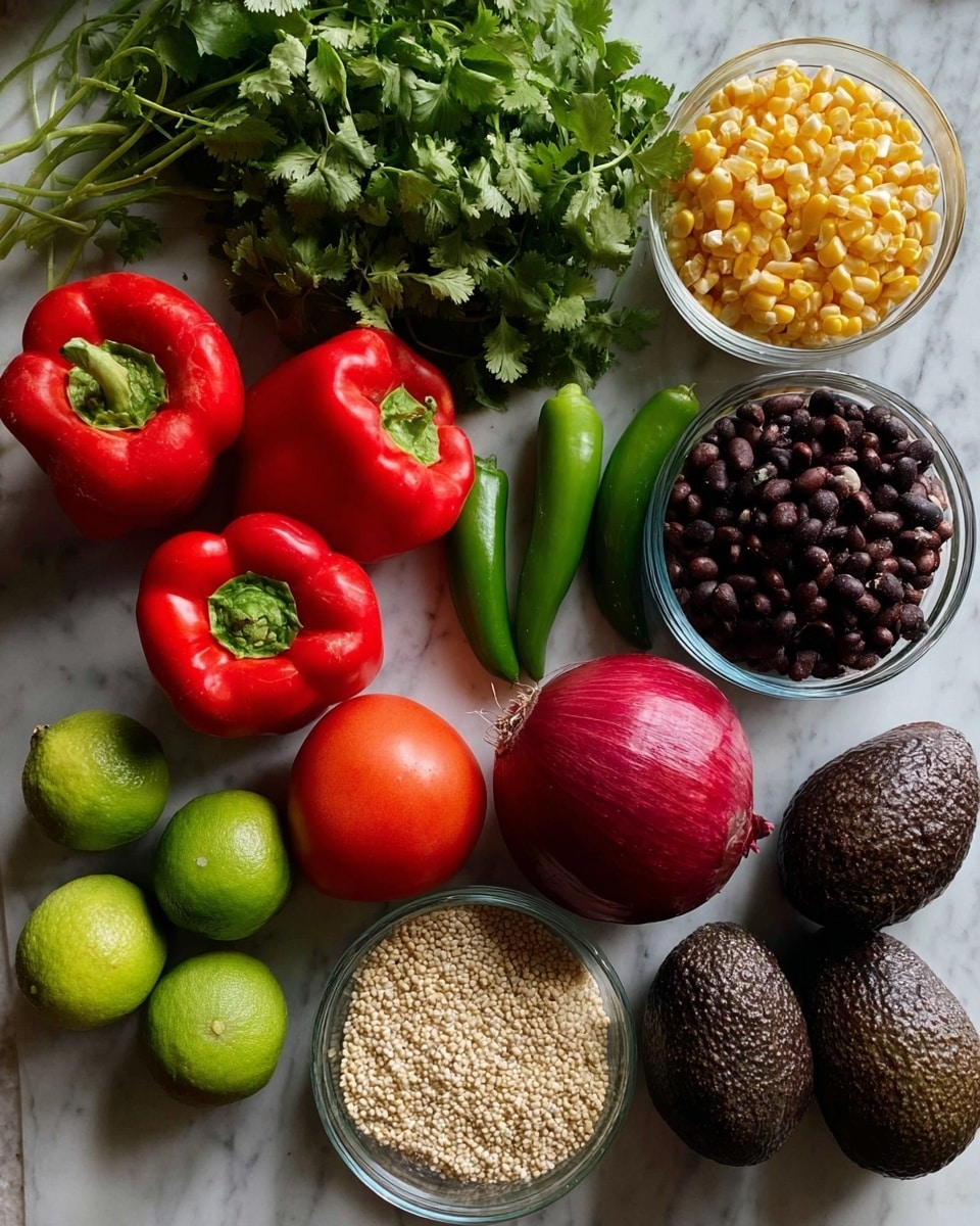A bunch of fresh ingredients spread out on a white marbled surface: three bright red bell peppers grouped on the left, two shiny green limes below with one shaved red onion next to them, a medium large ripe red tomato near two dark brown avocados on the right, and another red onion and a green chili pepper in the middle. There are three small clear glass bowls filled with yellow corn kernels, black beans, and beige grains placed near the top and bottom center. A bunch of green cilantro sits above the bowls, adding a lively green contrast. Photo taken with an iphone --ar 4:5 --v 7