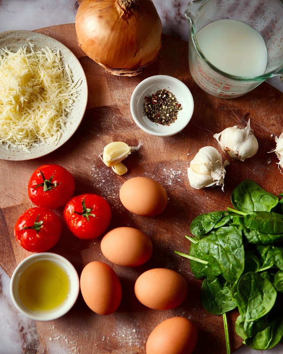 The image shows a wooden surface with several fresh ingredients arranged neatly. At the top left, a whole onion sits beside a pile of grated cheese. Nearby, three cloves of garlic rest next to a small bowl containing ground black pepper. Towards the bottom left, a cluster of bright red grape tomatoes is placed next to five brown eggs scattered around the surface. Near the eggs, a small white bowl holds a clear liquid, likely oil. On the right side, a bunch of fresh green spinach leaves adds color and texture. At the top right, a glass measuring cup with white liquid sits partially visible. The overall setup gives a fresh and natural feel, all arranged on a white marbled texture. Photo taken with an iphone --ar 4:5 --v 7