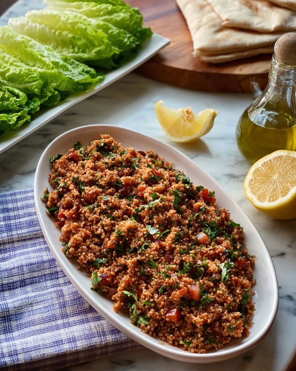 A white oval plate filled with a textured mixture of finely chopped bulgur wheat, diced tomatoes, onions, and fresh green herbs, creating a reddish-brown, chunky salad spread evenly across the plate. Behind it, there is a long white rectangular dish holding fresh green romaine lettuce leaves on one side and pale beige folded pita bread on the other side. To the right, a lemon and a tall glass bottle of olive oil are placed on a wood surface. A light blue and white checkered cloth lies nearby. The entire scene is set on a white marbled textured surface. photo taken with an iphone --ar 4:5 --v 7