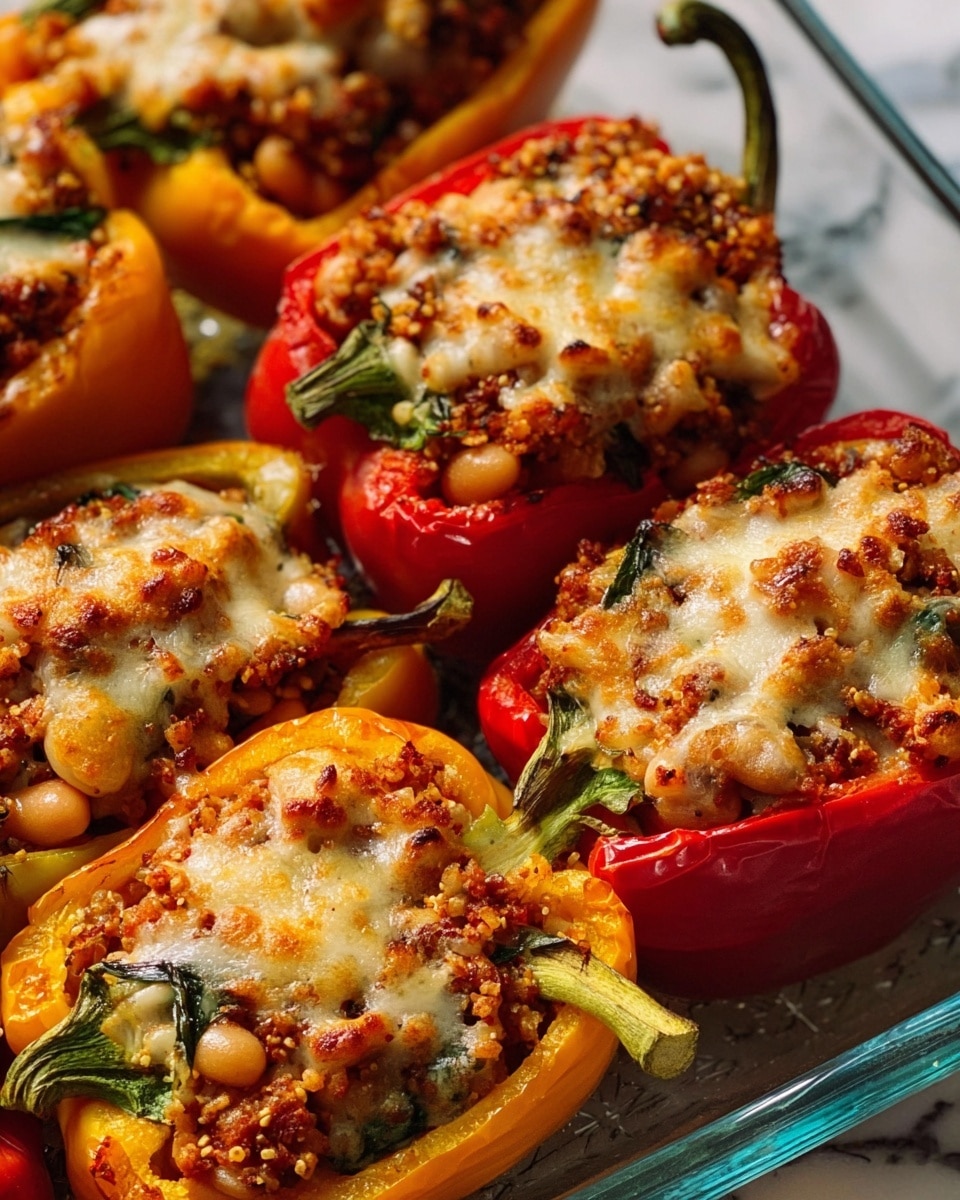 A close-up view of several stuffed bell pepper halves arranged in a clear glass baking dish on a white marbled surface. Each bell pepper, in vibrant red and yellow, is filled generously with a cooked mixture of small beige beans, green leafy pieces, and brown seasoned grains. The filling is topped with melted, golden-brown cheese that is bubbly and slightly crispy on top. The peppers' green stems and edges show slight roasting marks, adding texture and contrast. The photo taken with an iphone --ar 4:5 --v 7