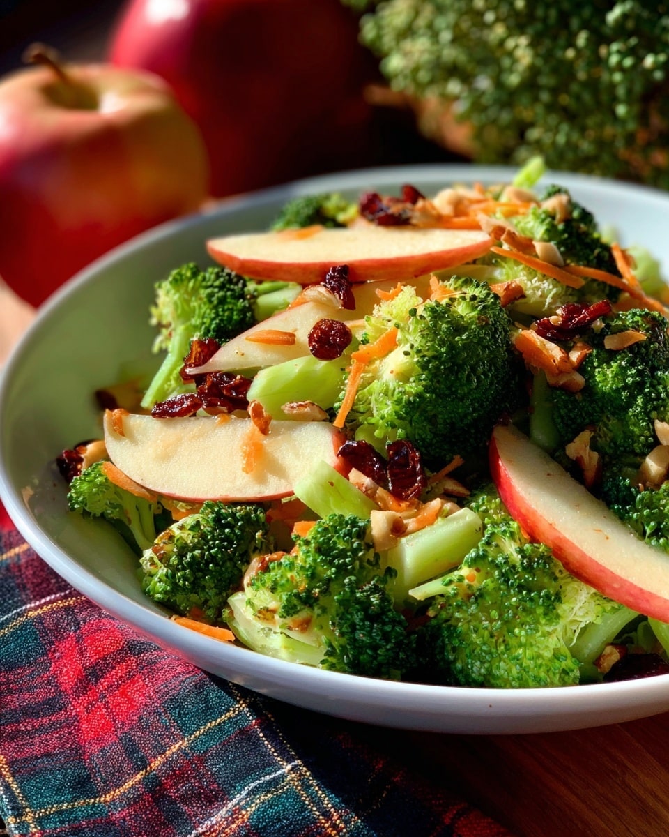 A white bowl filled with a fresh vegetable salad is placed on a white marbled surface. The salad has bright green broccoli florets evenly spread around the bowl, mixed with light green celery slices scattered throughout. Thin slices of red-skinned apple with white flesh are layered in different parts of the bowl, adding contrast. There are small bits of orange carrot sprinkled lightly on top, and a few dark red cranberries add small pops of color, all mixed together in a fresh, colorful way. Photo taken with an iphone --ar 4:5 --v 7