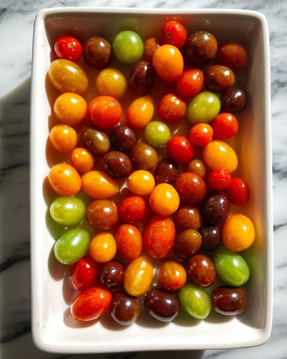 A white rectangular dish is filled with a single layer of small cherry tomatoes scattered evenly. The tomatoes show a variety of colors including deep red, orange, yellow, green, and dark brown, with shiny smooth skins and round to oval shapes. The dish is placed on a white marbled surface, creating a bright and clean background. Photo taken with an iphone --ar 4:5 --v 7