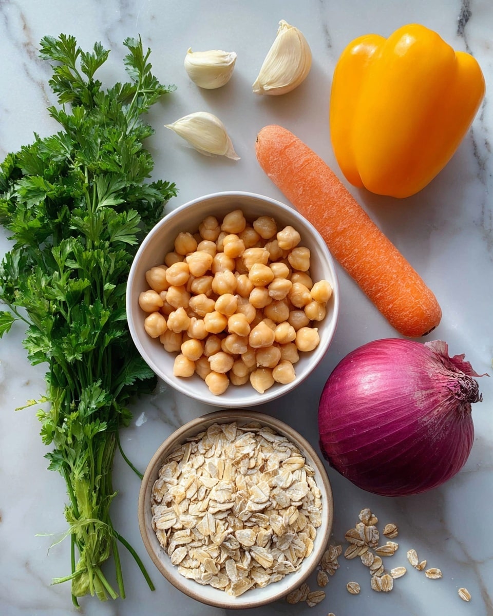 The image shows fresh ingredients on a white marbled surface: a bunch of green parsley with thin stems on the top left, three peeled garlic cloves in the middle, a yellow bell pepper on the top right, a whole orange carrot to the right, a halved purple onion with white layers on the bottom left, a white bowl full of light brown chickpeas in the center, and a small white bowl filled with light beige oatmeal with some scattered oats around it at the bottom center. Photo taken with an iphone --ar 4:5 --v 7
