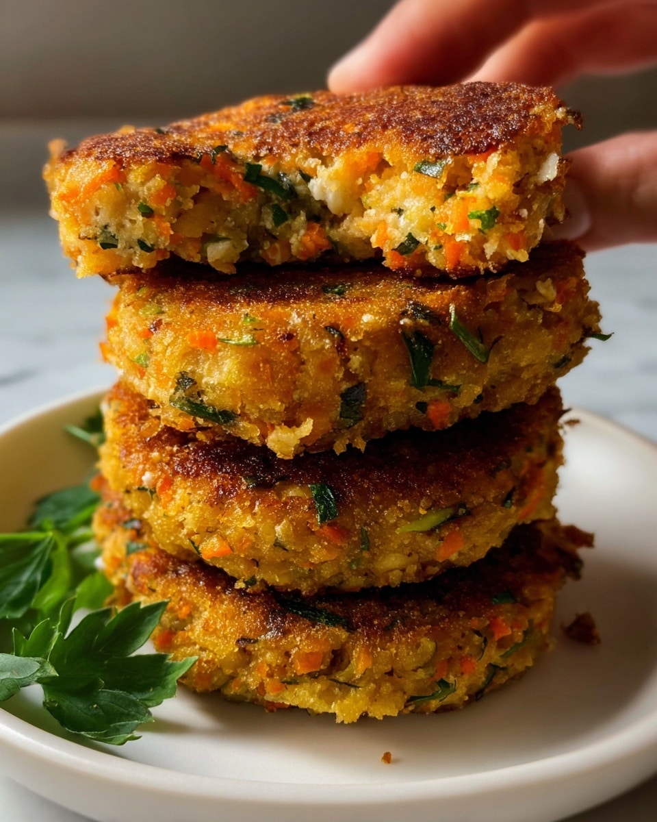 Four round vegetable patties with a golden brown crust and visible bits of orange, green, and yellow from carrots, herbs, and other vegetables are arranged on a white plate. The patties have a slightly rough texture and are closely placed together. On top of them lies a sprig of fresh green parsley for garnish. The plate rests on a wooden board and a white cloth with black diamond patterns can be seen at the bottom left corner, all set on a white marbled textured surface photo taken with an iphone --ar 4:5 --v 7