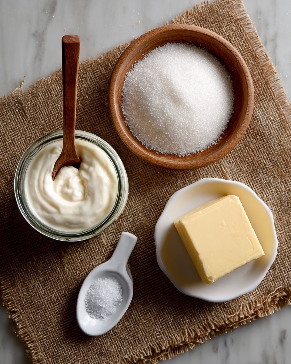 A top view of four baking ingredients placed on a rough brown burlap cloth, set on a white marbled surface. At the top left, there is a glass jar filled with white cream, showing a smooth, glossy texture on top. At the center top, a round wooden bowl is full of fine white sugar crystals, creating a slightly uneven surface. To the right, a white bowl holds a solid pale yellow block of butter with sharp edges. In front of the sugar bowl, a white plastic tablespoon contains a small mound of fine white salt. photo taken with an iphone --ar 4:5 --v 7