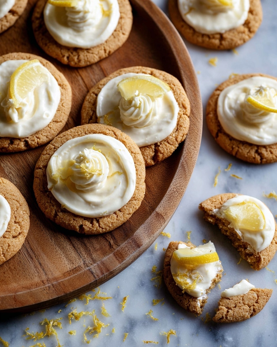 The image shows soft, round cookies with a cracked, golden-brown surface, each with a thick white cream layer in the middle. On top of the cream, there is a swirl of whipped cream and a small lemon wedge with bright yellow skin and pale yellow inside for decoration. The cookies are placed on a white marbled surface, scattered with some small lemon zest pieces adding texture and color contrast. In the background, there are more lemon wedges. The focus is on the front cookie, with others softly blurred behind it, making the details on the cream and lemon slice clear. photo taken with an iphone --ar 4:5 --v 7
