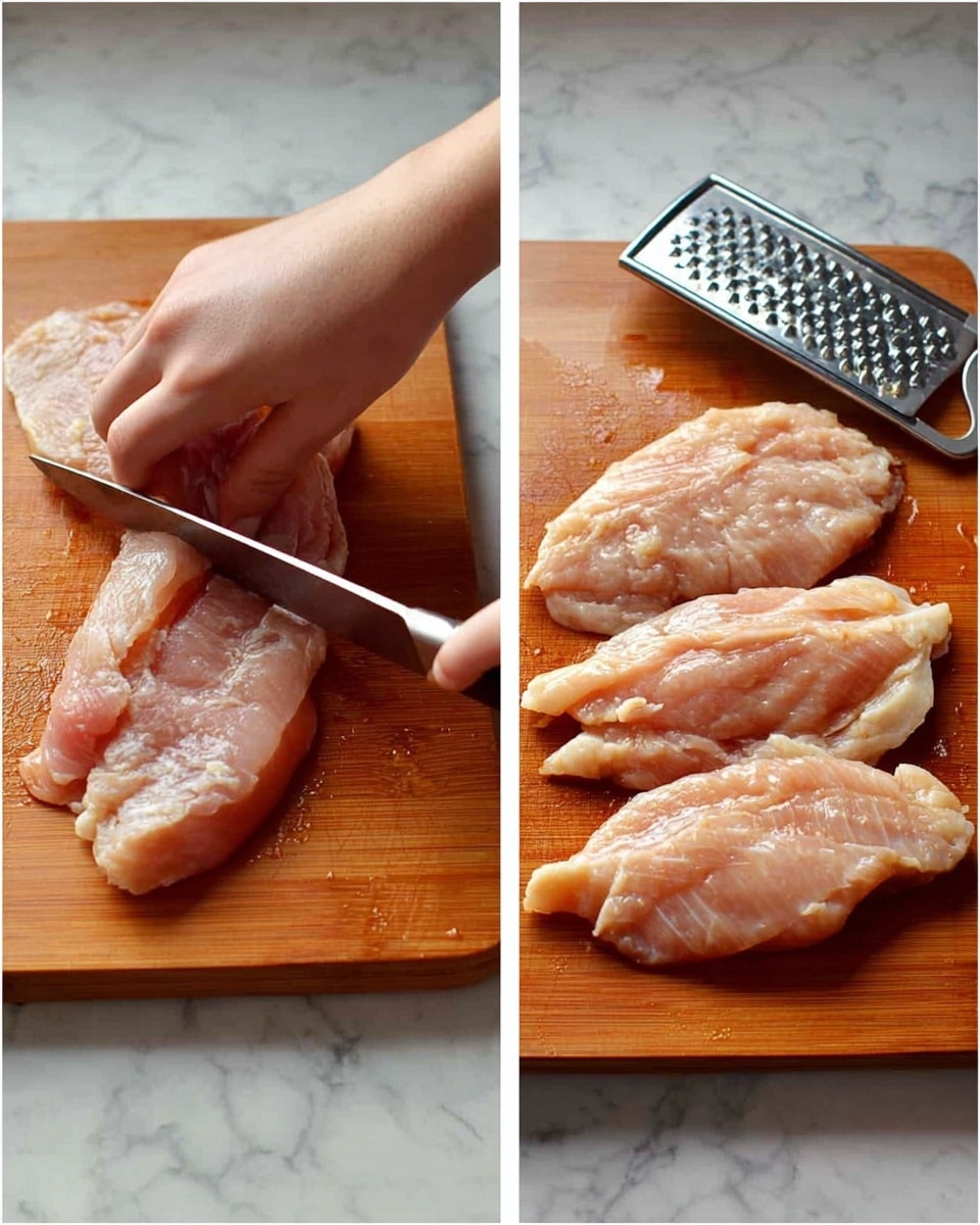 The image is split into two parts, both showing a wooden cutting board on a white marbled surface. On the left, a woman's hand holds a raw chicken piece while a knife slices it horizontally to create a thinner cut. On the right, the cutting board holds four flattened pieces of raw chicken, each with a bumpy texture from a metal meat tenderizer that lies near the top right corner. The chicken slices are light pink with visible fat, layered flat and spread out evenly on the board. Photo taken with an iphone --ar 4:5 --v 7