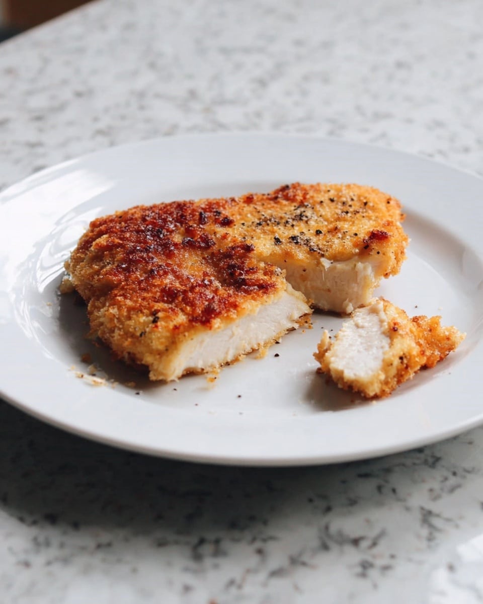 A white plate with floral pink and purple patterns holds four pieces of golden brown fried chicken arranged in a slightly overlapping stack. Each piece has a crispy, textured coating with visible specks of seasoning and small green parsley leaves scattered on top for garnish. The plate is set on a wooden table, with a blurred orange and white cloth and a stack of white plates in the background, all against a white marbled surface. Photo taken with an iphone --ar 4:5 --v 7