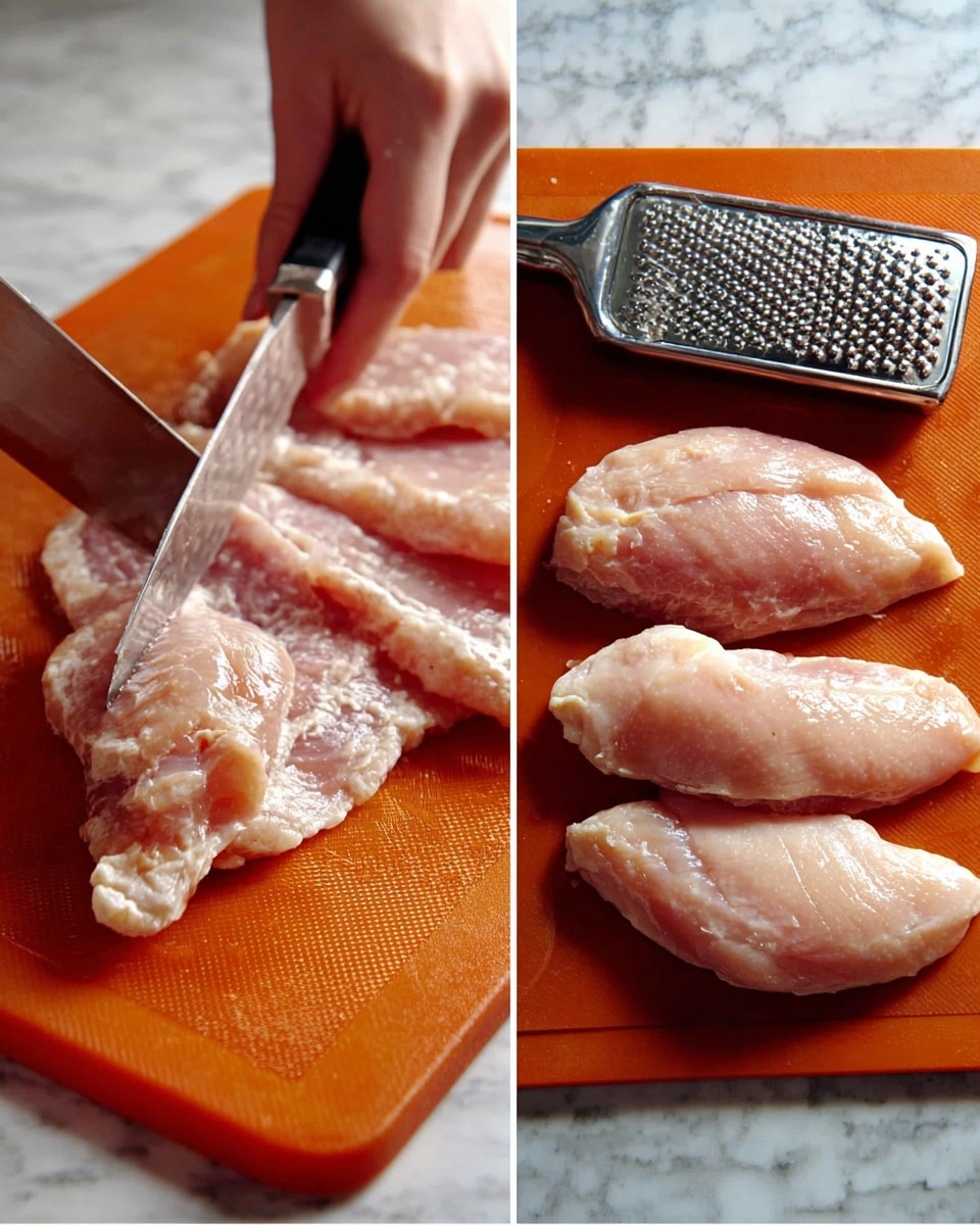 The image shows two scenes side by side on a white marbled surface. On the left, a woman's hand holds a raw chicken piece on an orange cutting board while a knife slices it horizontally. On the right, four flattened raw chicken pieces lie side by side on the same orange board, each with a textured pattern from a metal meat tenderizer resting on the top right corner. The chicken has a pale pink color and a smooth, slightly shiny texture. photo taken with an iphone --ar 4:5 --v 7