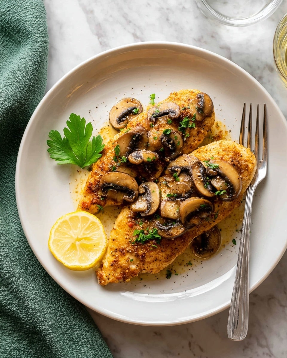 Two golden brown cooked chicken fillets are layered slightly overlapping at the center of a white plate on a white marbled surface. Sauteed brown mushrooms are spread on and around the chicken, with some small bright green parsley leaves sprinkled on top for color. In the front left corner of the plate, there is a yellow lemon wedge. The background shows a blurred second plate with the same dish and a soft green cloth napkin peeking in. The whole scene is bright and clean. photo taken with an iphone --ar 4:5 --v 7