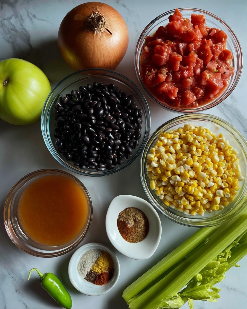 A close-up of a silver ladle holding a colorful vegetable soup above a white bowl filled with the same soup, showing layers of bright yellow corn kernels, black beans, green celery pieces, diced onions, and small chunks of red and green peppers in a rich, red broth. The soup’s texture is chunky and varied with visible soft vegetables soaking in the liquid, set against a white marbled surface with a blurry background. A woman's hand lifts the ladle slightly above the bowl. photo taken with an iphone --ar 4:5 --v 7