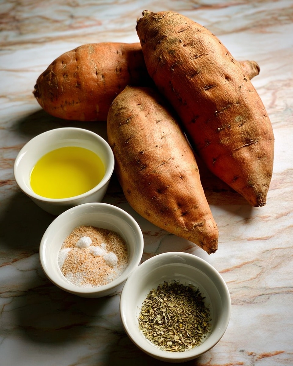 Three large sweet potatoes with rough, brown-orange skin sit on a white marbled surface. Below them are two small white bowls; the left bowl is filled with bright yellow olive oil that has a smooth, shiny surface, while the right bowl holds an even layer of mixed dry spices, showing white salt crystals, black pepper, light tan granules, and dried herbs in shades of green and brown. The arrangement is simple and natural, with a clean, well-lit look. photo taken with an iphone --ar 4:5 --v 7